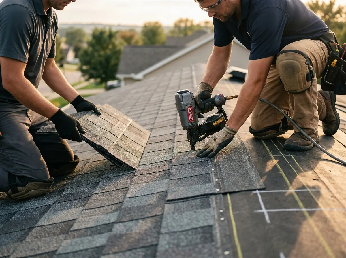 Professional roofer working on a residential roof in Linda